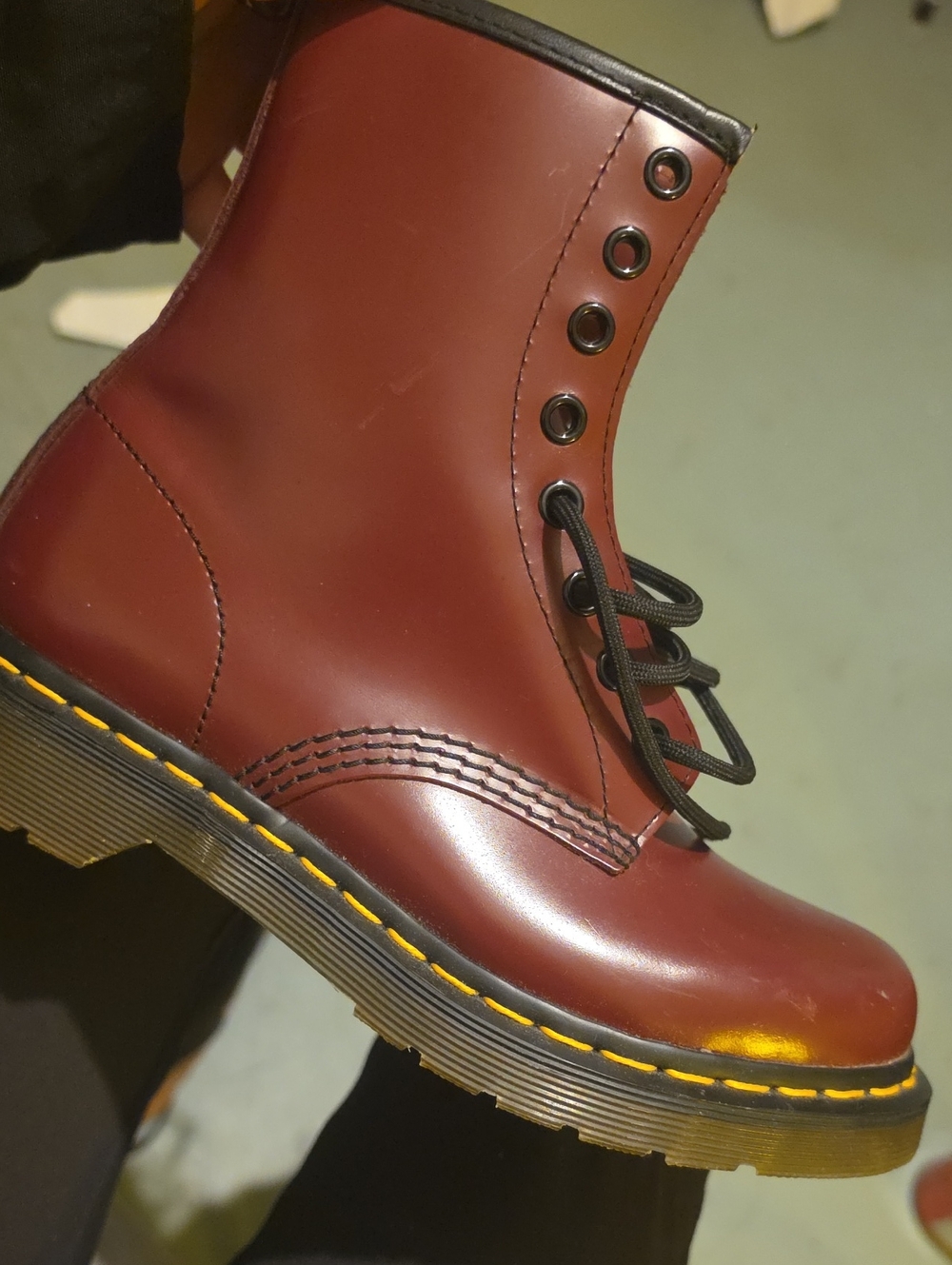 Dr. Martens Smooth Cherry Red Lace-Up Boot with Yellow Welt Stitch